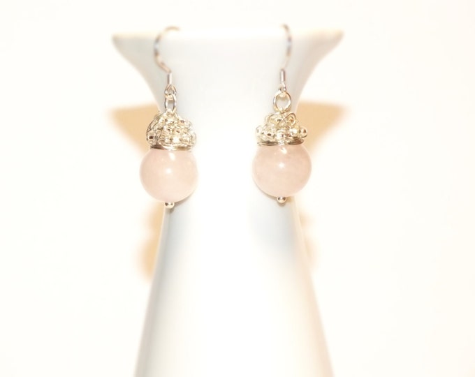 Rose Quartz Earrings, Beaded Drop Earrings,Wire Wrapped Earrings,Rose Quartz Jewelery, Gemstone Earrings