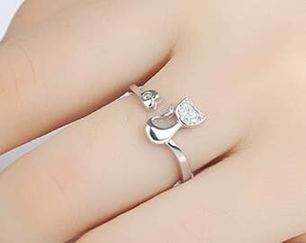 Beautiful Silver Style Cat Ring Diamante Jewellery Kitten Cat Lover - One Size Adjustable