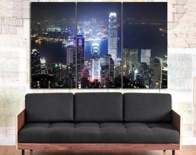 Hong kong skyline canvas print, Hong Kong night cityscape wall art, Hong Kong set of 3 panel wall art, Night cityscape, night city skyline