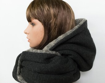 Wool large hood beige grey, women hooded scarf, hoodie infinity scarf, oversized circle scarf, gift for girlfriend sister, echarpe capuche