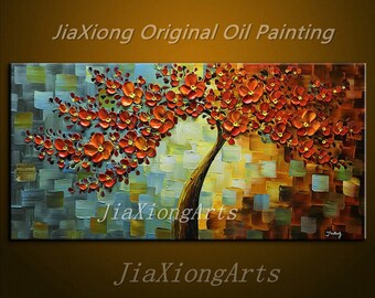 Original handpainted Flowers Art Oil Painting On Canvas Texture Palette Knife Red Tree Painting Modern Home Decor Wall Art Painting