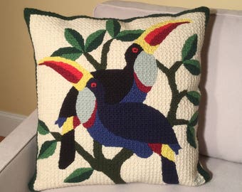 Large Vintage Tropical Bird Pillow Hand Knit / Toucan Pillow