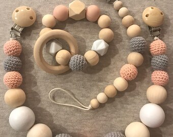 Handmade Baby Gift Set - Natural Wooden Pram Chain Garland, Crochet Dummy Clip, Teether Rattle Toy; Baby Shower Gift ,Newborn, Toddler