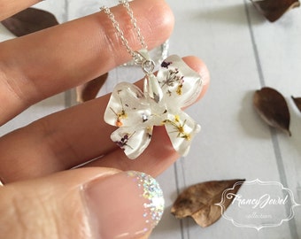 OOAK, bow, precious bow necklace, silver necklace, dried flower resin, flower jewelry, sterling silver plated, Christmas gift, made in Italy
