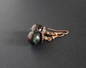 Falcon eye jewelry Big blue tiger eye earrings Pyrite gemstone earrings Positive energy earrings Blue gray jewelry Hawk eye round jewelry