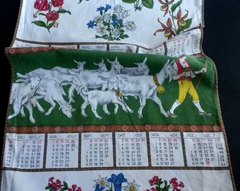 Vintage 1971 kitchen towel, goat-herder dishtowel , calendar tea towel dishtowel