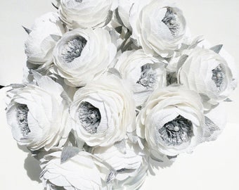 6 Crepe paper flowers Silver White Peonies wedding bouquet Flore de papel crepe paper peonies beautiful centerpiece gift anniversary gift