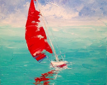 Small Seascape Painting Canvas Oil Painting Original Boat Painting Modern Painting Miniature Painting Ocean Sailboat Painting Impressionism