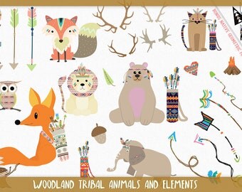 Tribal Clipart, Vector Clipart, Woodland Nursery, Clipart Animals, Boho, American Indian, Forest Animals, Jungle Animals, Tribal Arrows