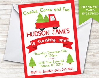 Christmas First Birthday Invitation Boys Red Truck Invite Tree 5x7 Digital Personalized ANY AGE