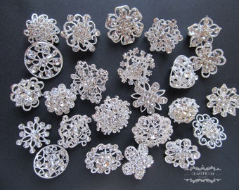 Rhinestone Brooch Lot 24 PCs Rhinestone Button Wholesale Silver Pin Mixed Crystal Wedding Bouquet Brooch Embellishment Hair Cake Shoe DIY