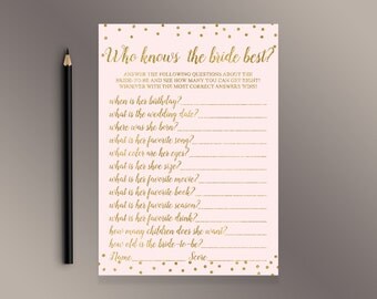 How Well Do You Know The Bride, Pink and Gold polka dots Bridal Shower Games Printable, Engagement party Wedding Activity, Funny Bridal Game