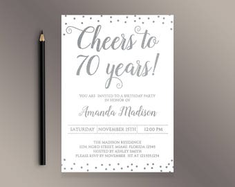 Cheers to 70 Years Birthday Party invitation, White and Silver confetti 70th Birthday invites, Adult Birthday Invite, Digital Printable Bday