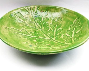 Pottery / ceramic green bowl with a impressed leaf design / pattern perfect for dining, home decor, trinkets, food.