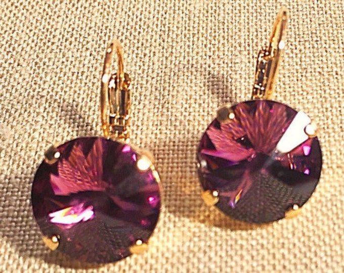 Sparkly amethyst purple Swarovski crystal rivoli dangle elegant drop earrings with rose-gold plated prong settings and lever-back closures