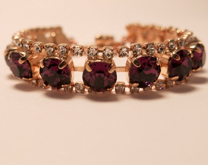 Luxury statement purple amethyst Swarovski crystal bracelet jewelry prong set in rose gold. Tennis bracelet, amethyst birthstone