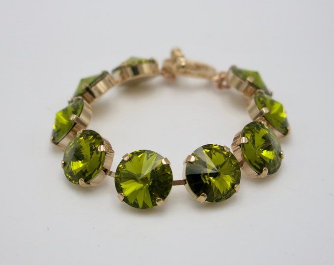 Alluring timeless fashion forward olive Swarovski crystal 14mm rivoli tennis bracelet that embodies elegance .