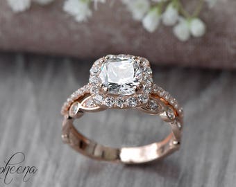 set of 2cushion engagement ring and art deco band in 14k rose gold - Engagement Ring And Wedding Ring set of 2cushion engagement ring and art deco band in 14k rose gold - Engagement Ring And Wedding Ring