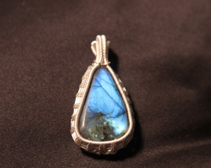 Labradorite Teardrop Pendant with Pure / Fine Silver Wire Wrap, Colorful Natural Blue Wire Weave Stone Necklace, Jewelry Gift for Him or Her
