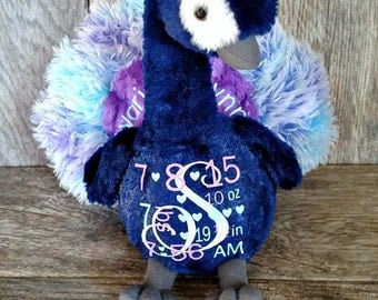Personalized Keepsake Animal/ Birth Announcement/ Personalized Peacock / Peacock Plush/ Baby Shower/ Nursery Decoration