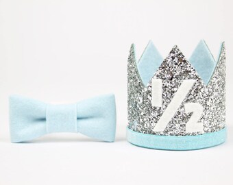 Half Birthday Crown | Half Birthday Outfit Boy | 1/2 Glitter Birthday Hat | Six Months Photo Prop | Silver + Baby Blue 1/2