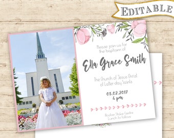 Editable LDS Baptism Invitation Digital Print minimalist flower baptism girl invitation lds baptism printable blessing invitation