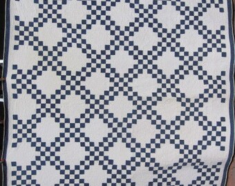 Blue and White 1880's Antique 'Double Irish Chain' Queen Size Quilt/Vintage Handmade Hand Quilted Classic Indigo Calico Quilt #17850