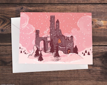 Fairytale Castle Ruins In The Snow - Illustrated Christmas Card In Pink