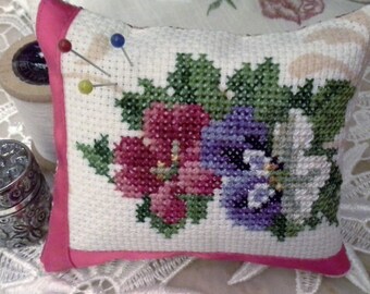 Finished cross stitch violets pin cushion / floral pin cushion
