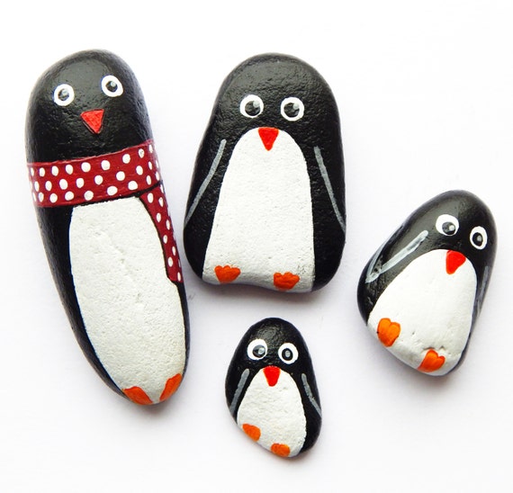 Penguin Painted Stones Art Rocks Family 4 Penguin Stones