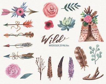 Wild ethnic clipart Watercolor Tribal clipart Watercolor Arrow Feather clipart