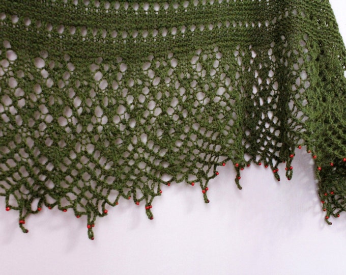 Green knitted shawl with beads, knitted shawl, delicate scarf, shawl hand knit, mohair shawl, knit shawl, knit scarf, knitted shawl