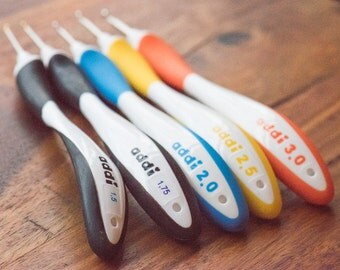 SALE - Ergonomic Crochet Hooks - Addi Swing - 0.5mm (size 18) to 8mm (size L) - comfortable, shaped for hand, colourful