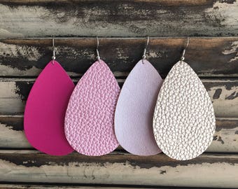 Pink Teardrop Leather Earrings - Handmade Earrings - Faux Leather Earrings - Lightweight Earrings
