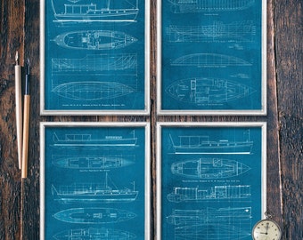 Set of Four Lake House Decor Prints, Blueprint Wall Art, PRINTABLE Download, Nautical Print Decor, Instant Cabin Sign (#16528c-32b)