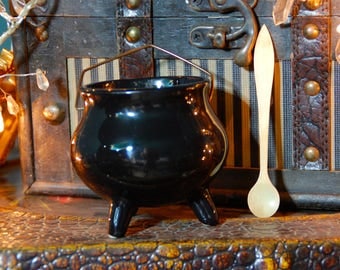 Small Vintage Black Ceramic Cauldron and Natural Bone Spoon - Altar- Wiccan -Pagan- Witchcraft