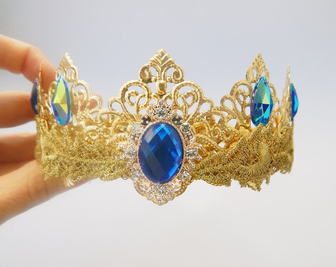 Rhinestone crown tiara, gold blue headdress, unique gift, gift for her, womens gift, gift for teens, gift for woman, wedding gift for bride