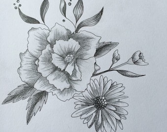 Daisy and roses Graphite drawing