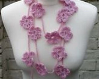 Beautiful Rose Pink Crochet Flower Lariat