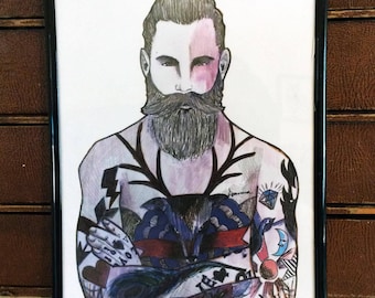 bearded tattooed man fashion illustration