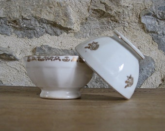 white coffee bowls with gilded flowers, 2 French cafe au lait bowls