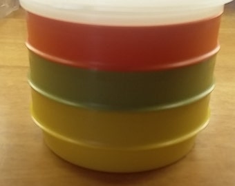 Vintage 1970's Set of 3 Small Bowls With Storage Lids Orange, Yellow,Olive