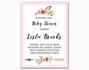 Boho Baby Shower Invitation, Black, White and Pink Baby Shower Invitation, Floral Baby Shower Invite, Baby Shower Invitation