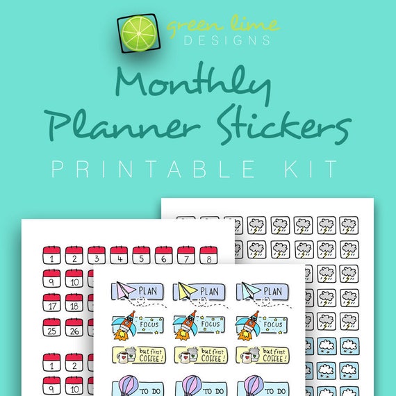 Monthly Planner Stickers Printable Kit Hand Drawn Planner
