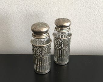 Vintage Glass And Silver Filigree Salt And Pepper Shakers, Kitchen Decor Silverware, Dining Serving Art Deco, Home Decor