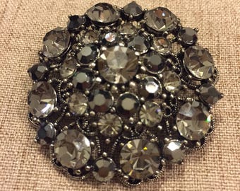 Ornate Black and Gray Rhinestone Brooch