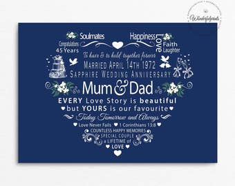 Personalised 45th Sapphire Wedding Anniversary Print, For Mum and Dad, 1 Cor 13 8, For Couple, Love never Fails, A4 Print or 8"x10" Mounted