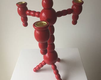 Vintage Swedish Scandinavian Red Wood Candle Holder