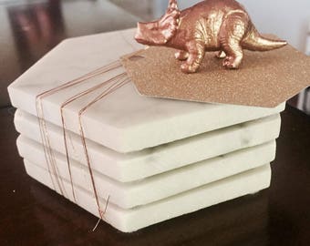 Four Hexagon Marble Coasters | Set of 4 Geometric Marble Coasters | Marble Wedding Favors