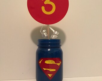 Mason Jar Centerpieces, Superman Theme Mason Jar Centerpieces, Batman Party, Marvel Party, Super Hero Party